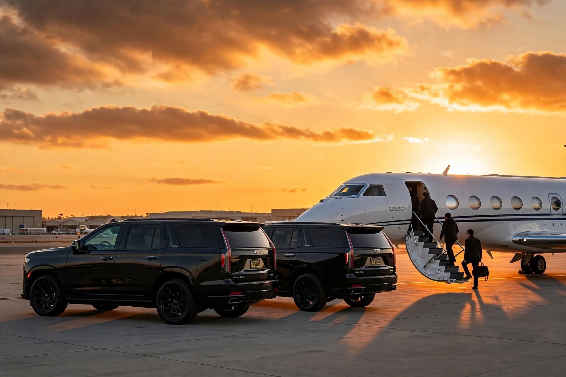 A black Cadillac Escalade positioned among commercial aircraft on an airport apron