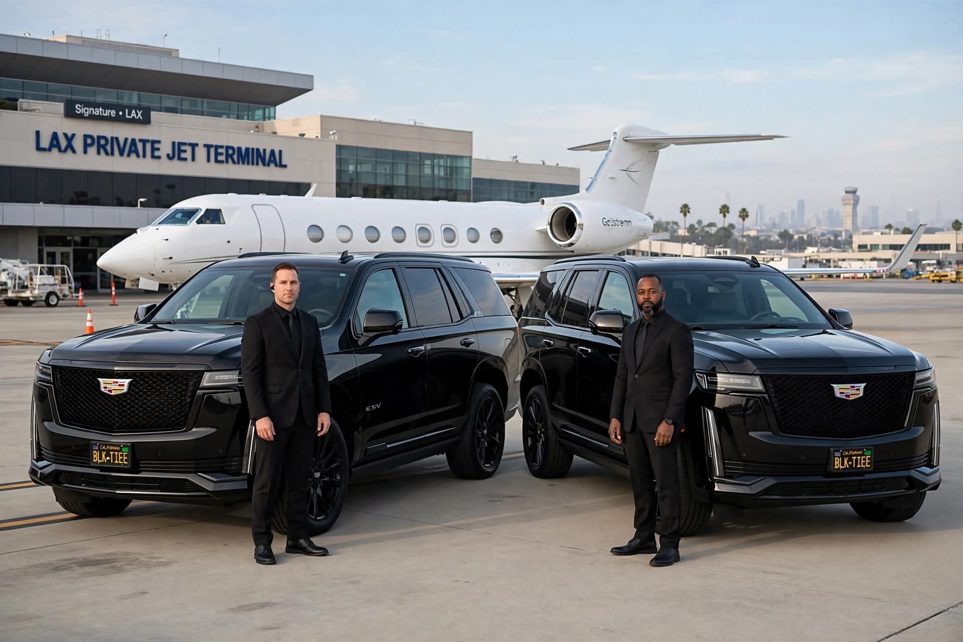 A chauffeur opening the door of a black Cadillac Escalade