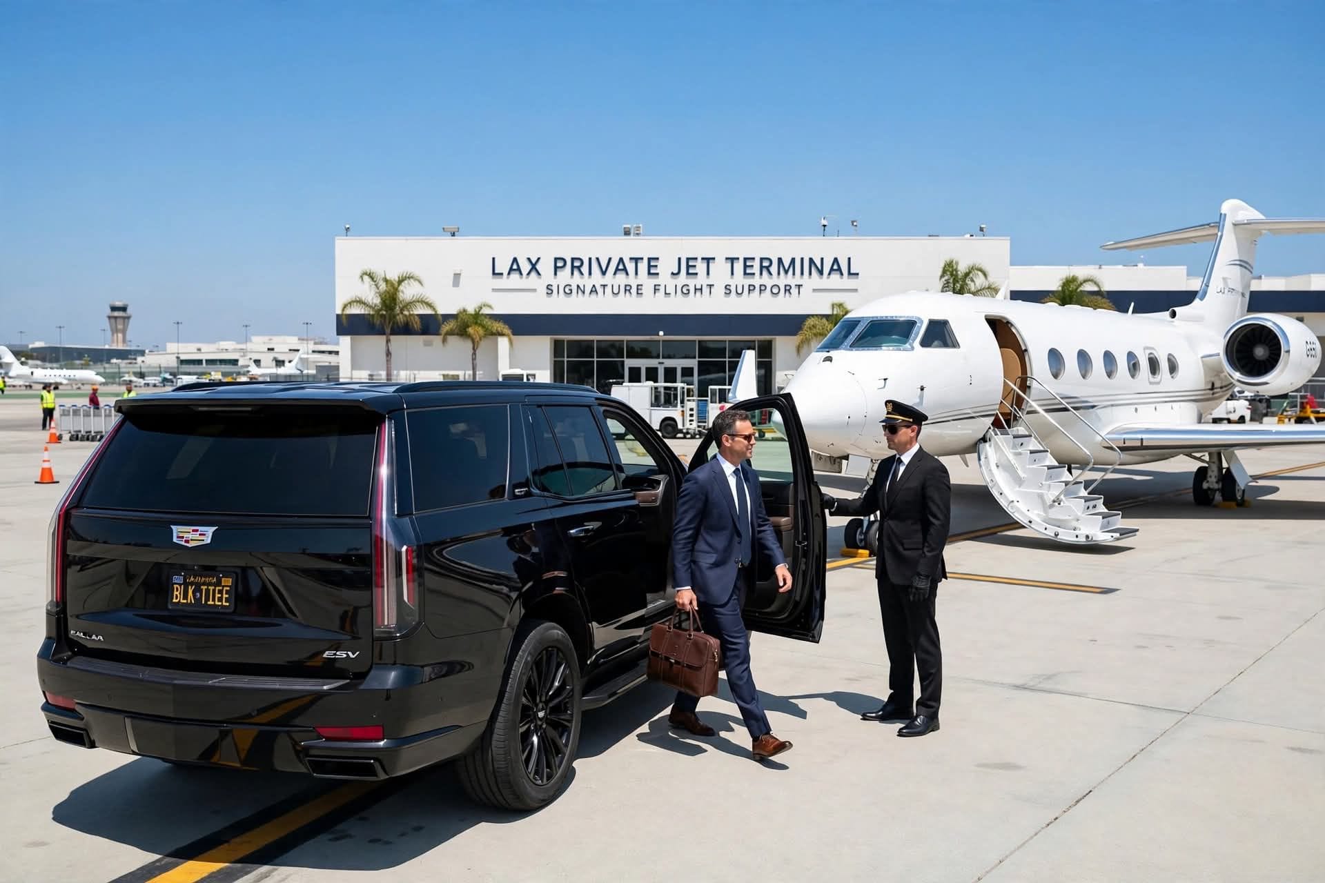 A black Cadillac Escalade waiting on an airport road with a private jet behind it