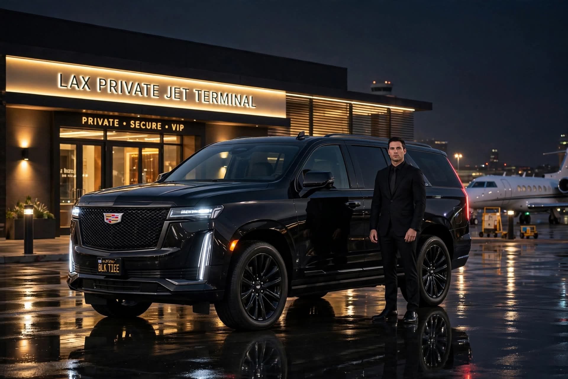 A black Cadillac Escalade waiting outside an airport terminal at night