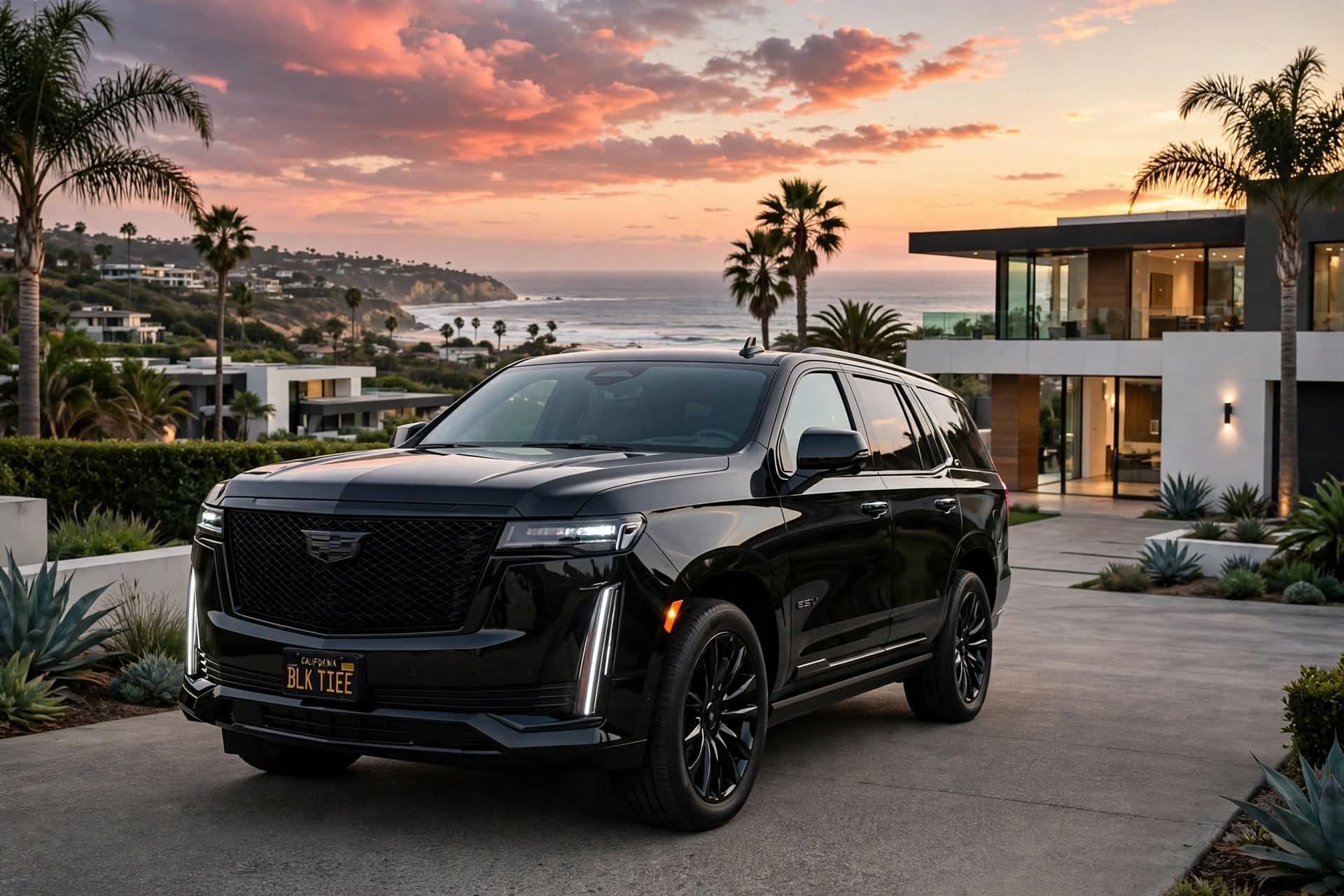 A black Cadillac Escalade in coastal Orange County at sunset
