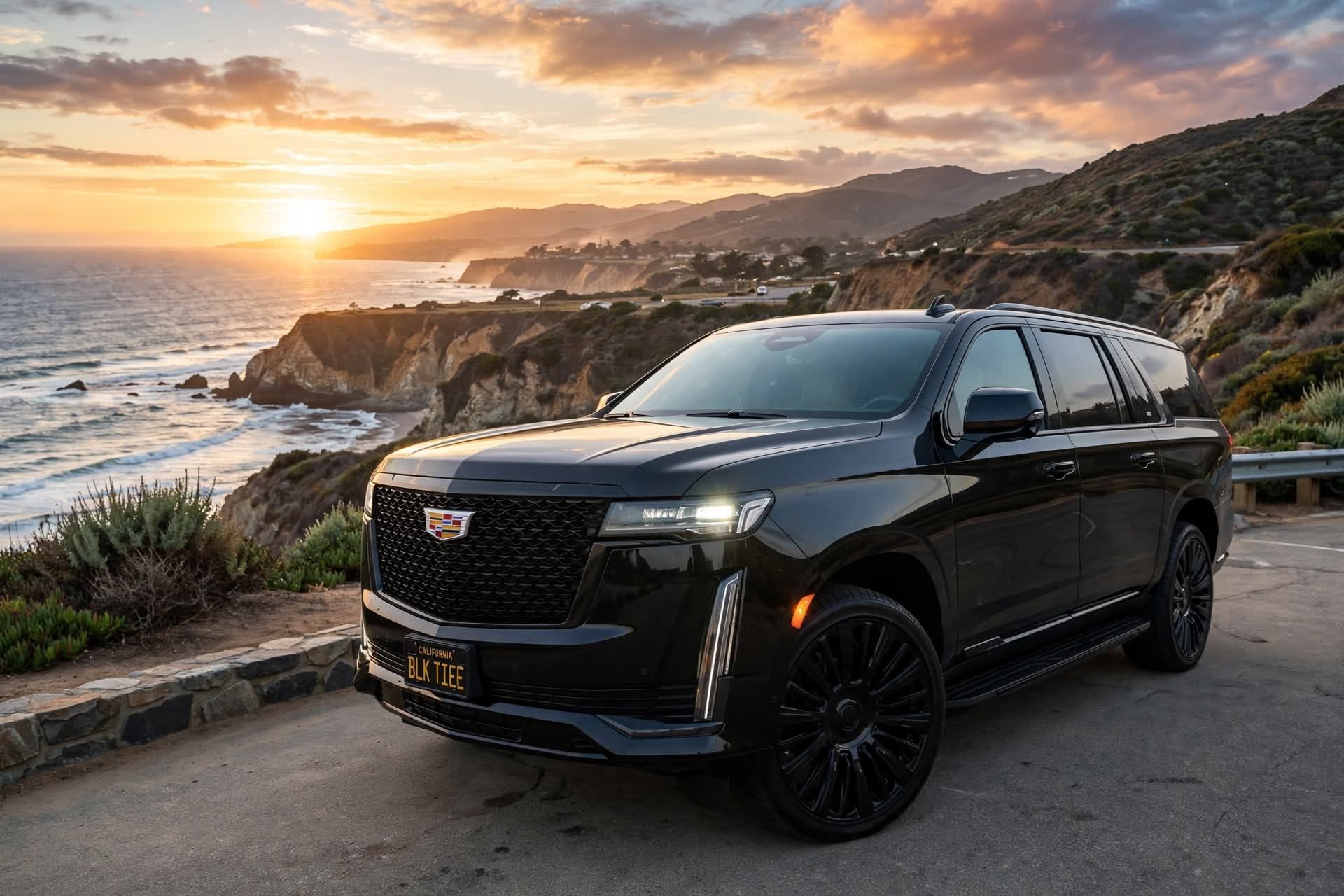 A black Cadillac Escalade on a Southern California coastal road at sunset