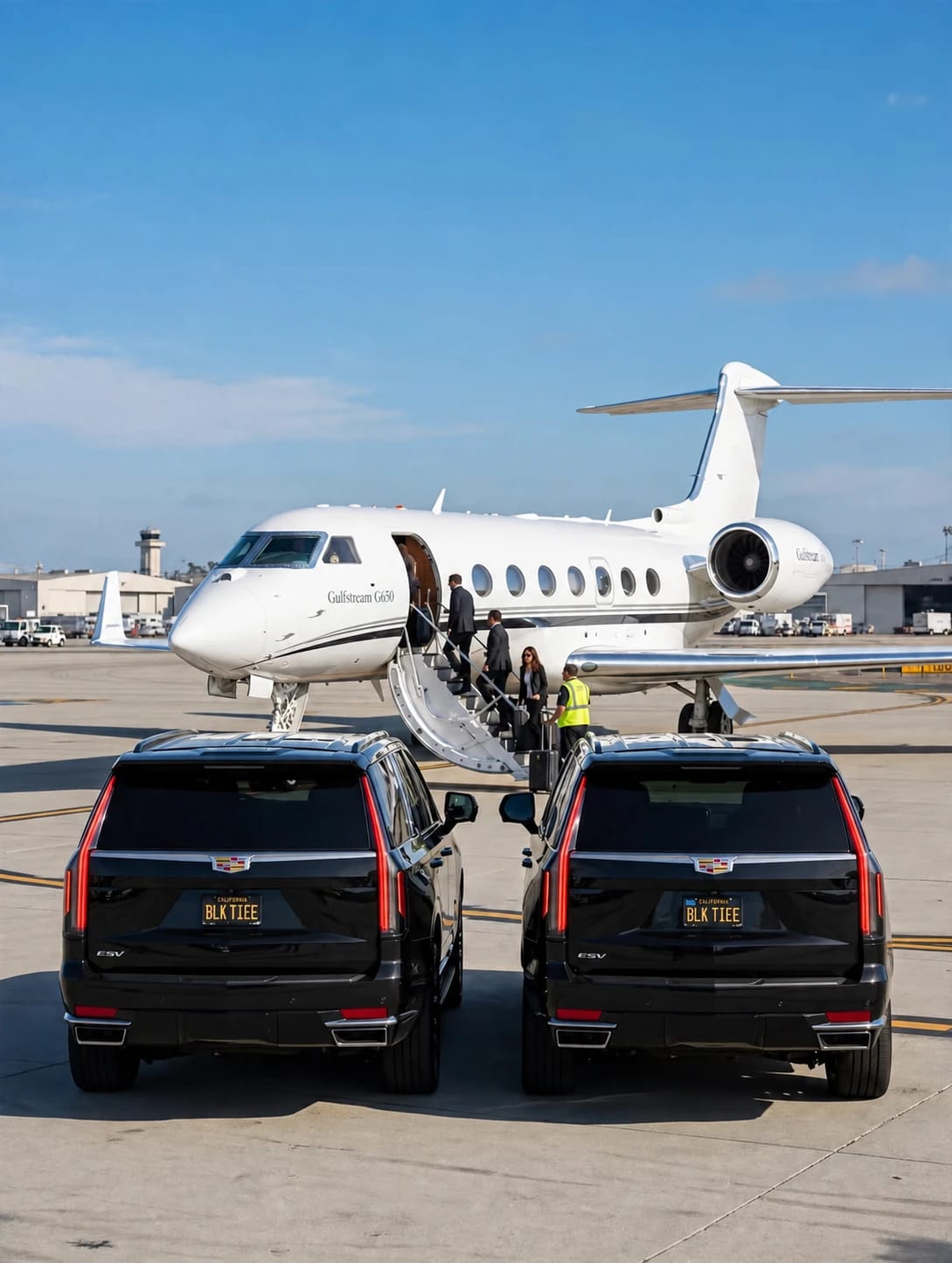 A black Cadillac Escalade parked beside a private jet at a Southern California airport