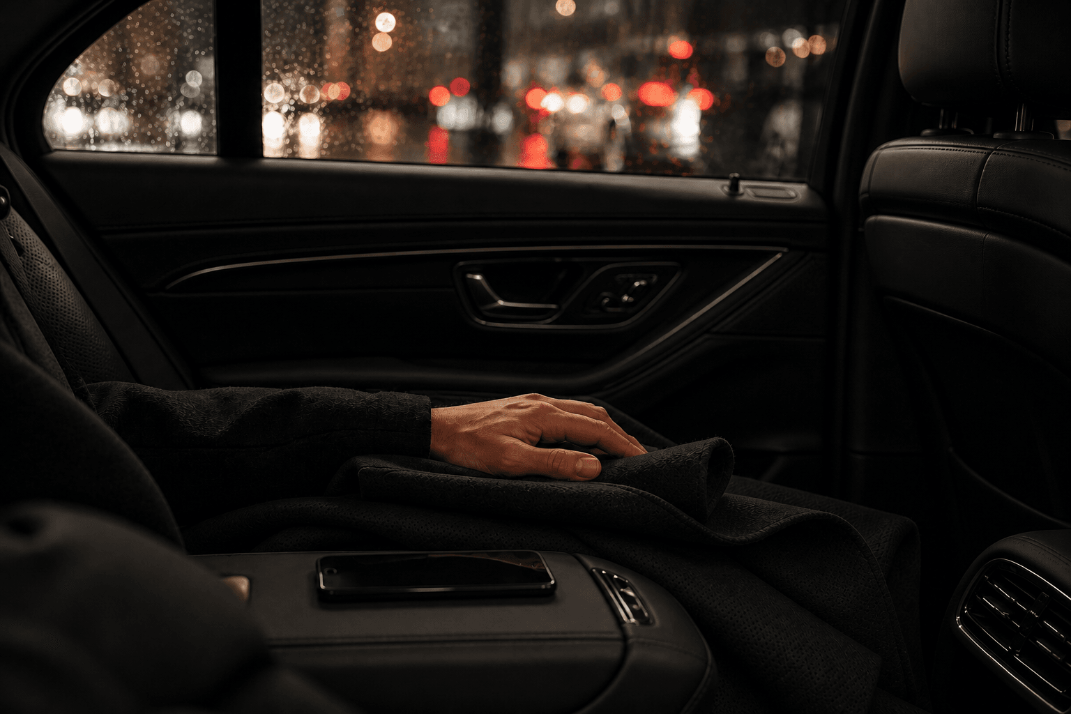 A passenger resting in the quiet rear cabin while evening traffic passes outside