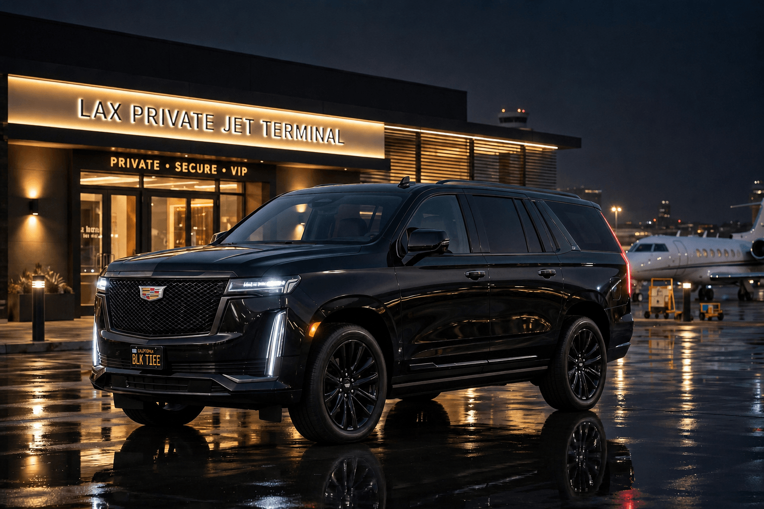 A black Cadillac Escalade waiting beside the illuminated private jet terminal at night