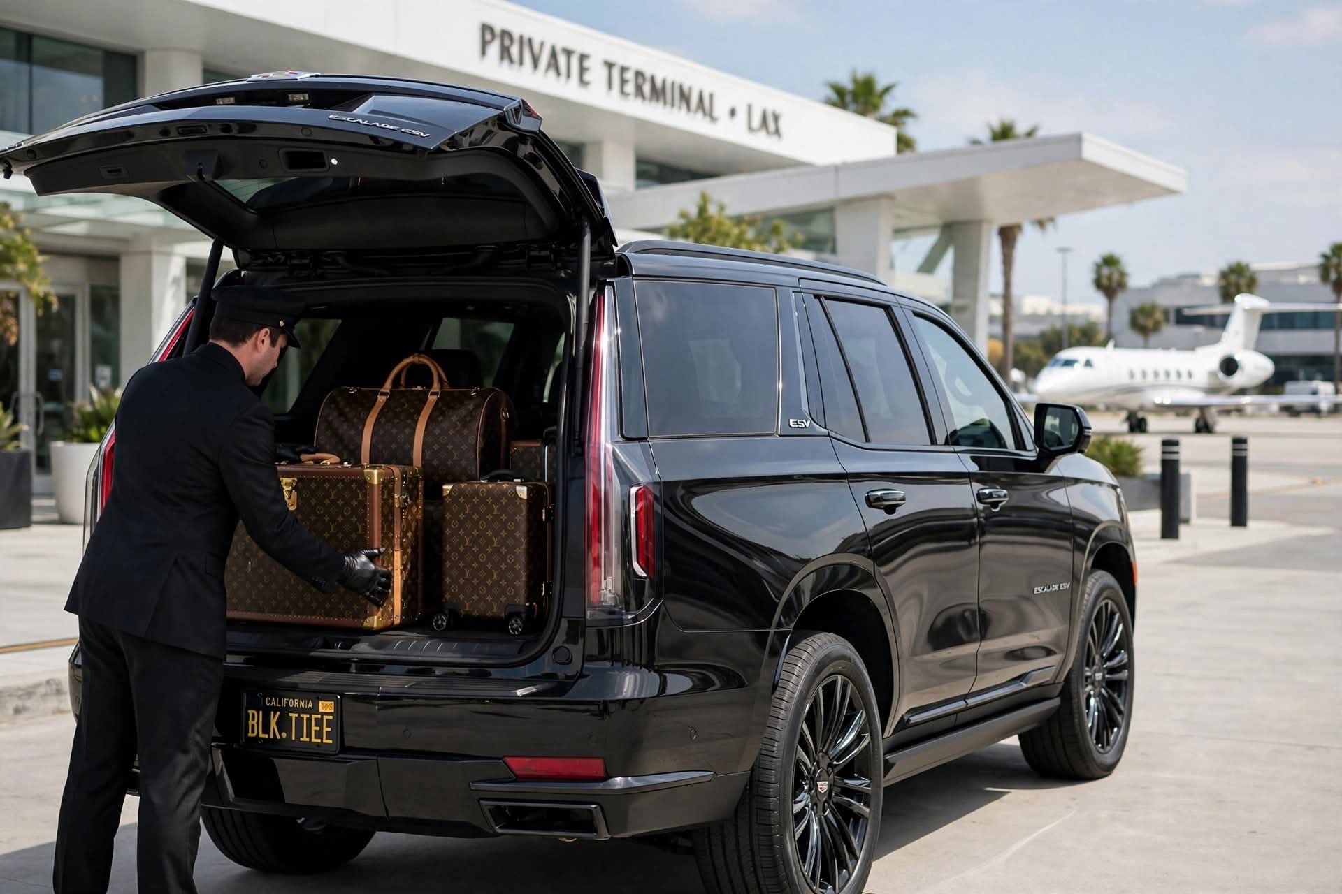A black Cadillac Escalade waiting on an airport road with a private jet behind it