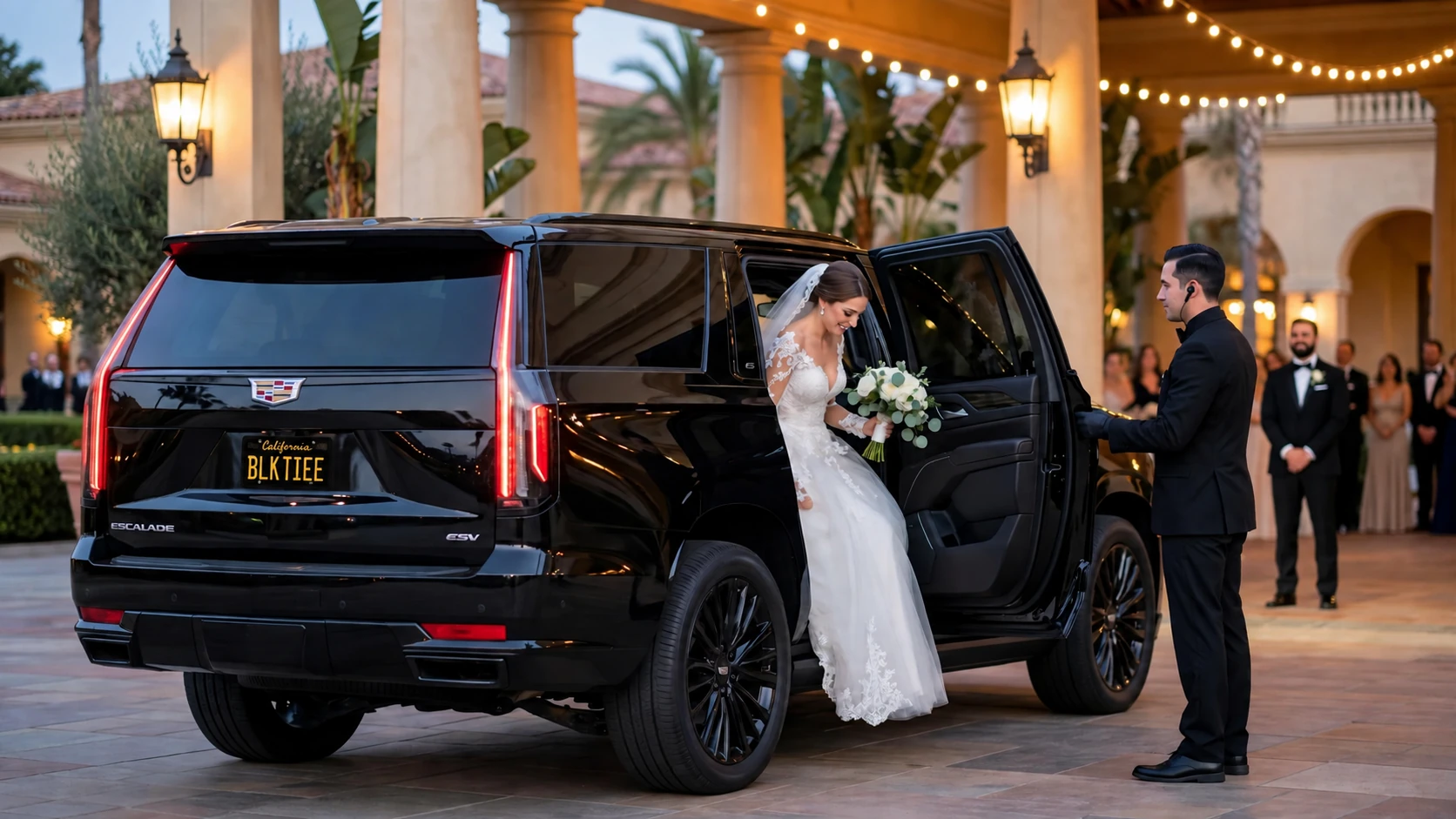 A bride stepping out of a black Cadillac Escalade at a wedding arrival