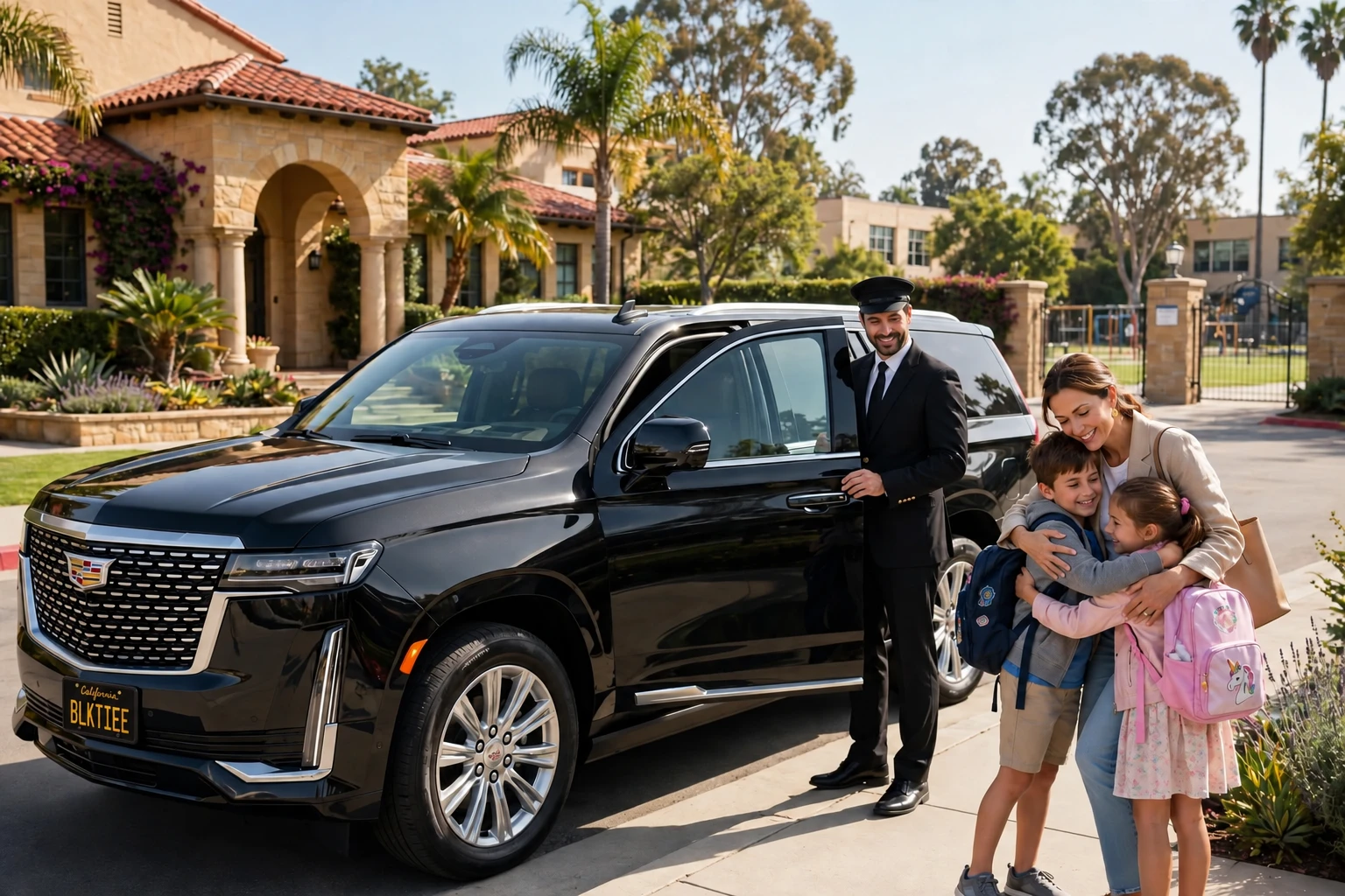 A chauffeur opening a black Cadillac Escalade for a family outside a private school