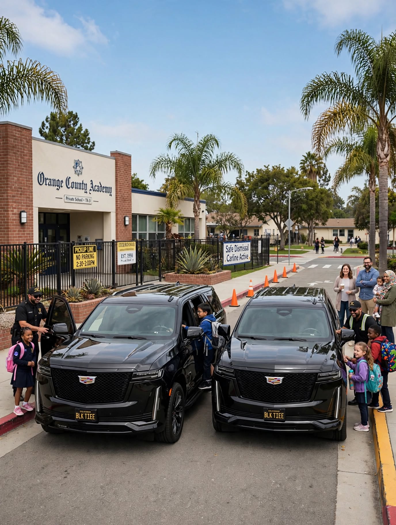 Children and families arriving beside black Cadillac Escalades outside a private school