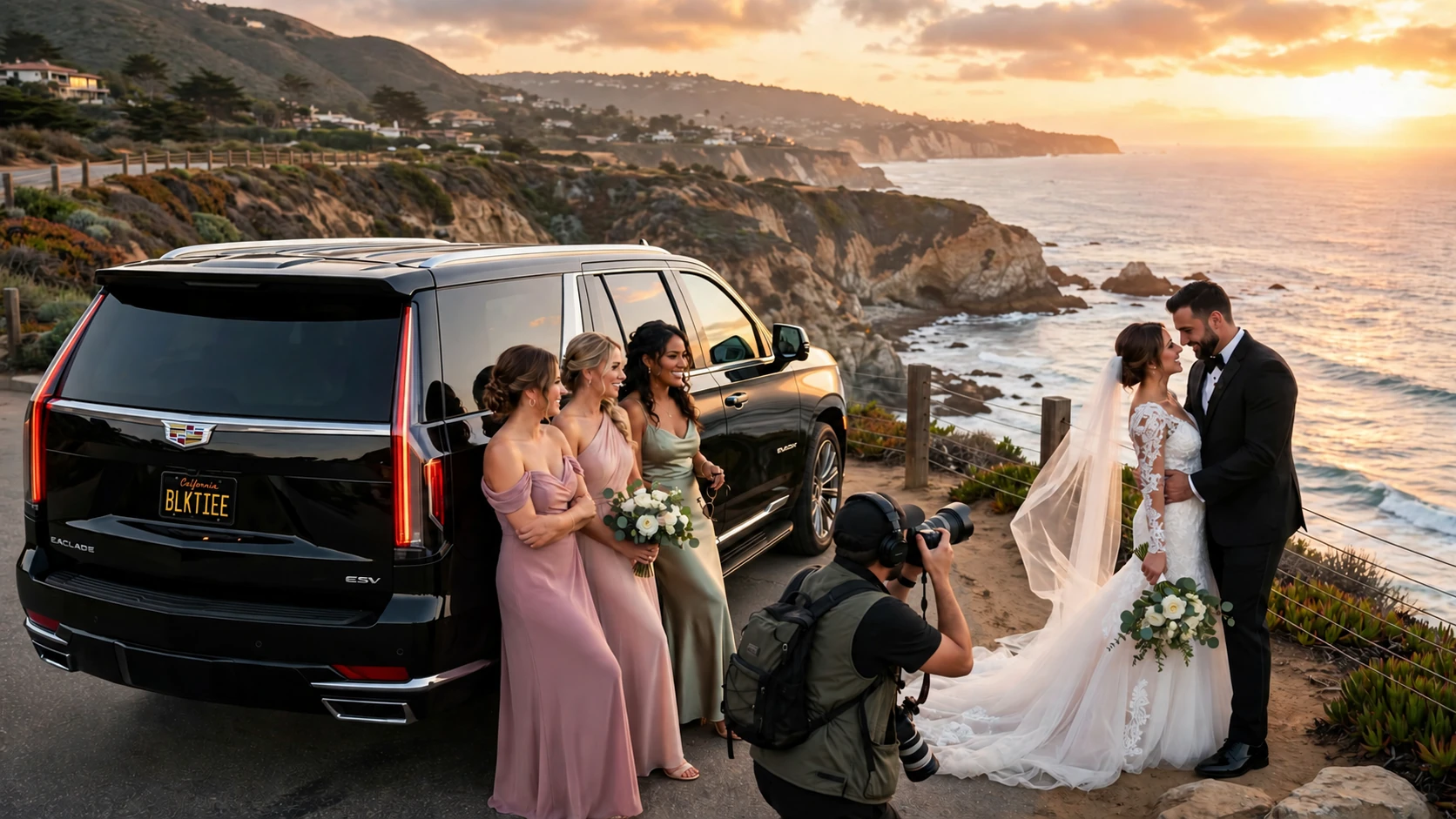 A bride and groom with their wedding party beside the rear of a black Cadillac Escalade at sunset