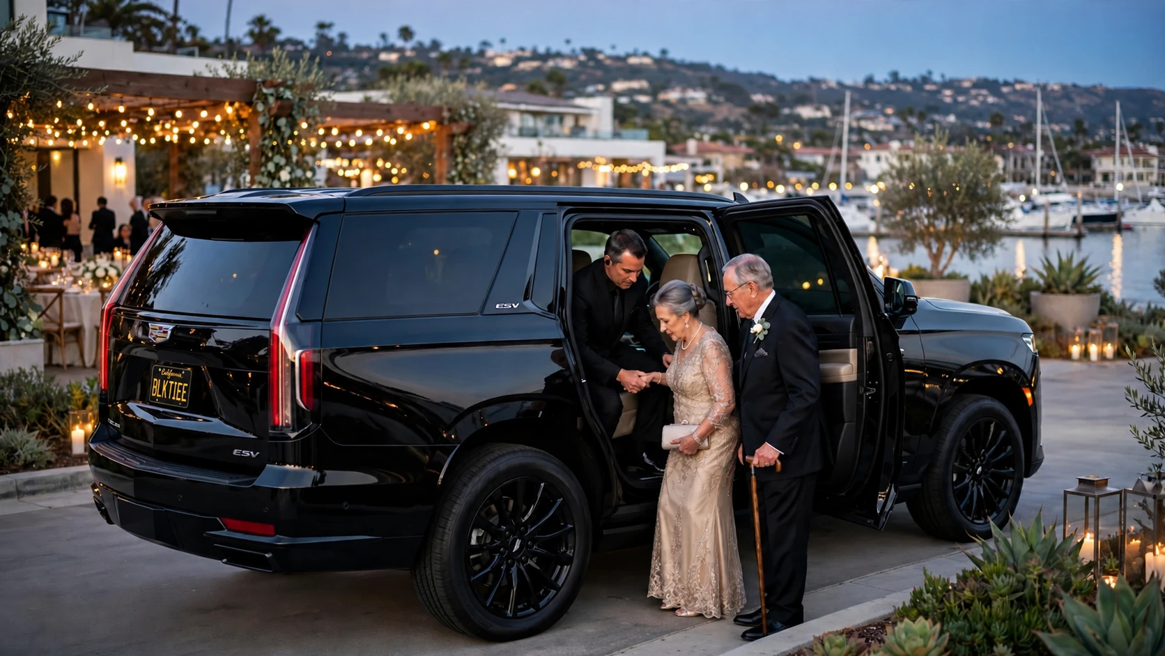 A Black Tie Cadillac Escalade arriving at a waterfront wedding at dusk